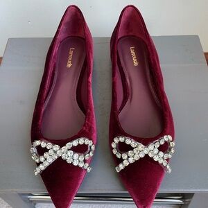 Larroude Burgundy Velvet Flats with Crystal Accents